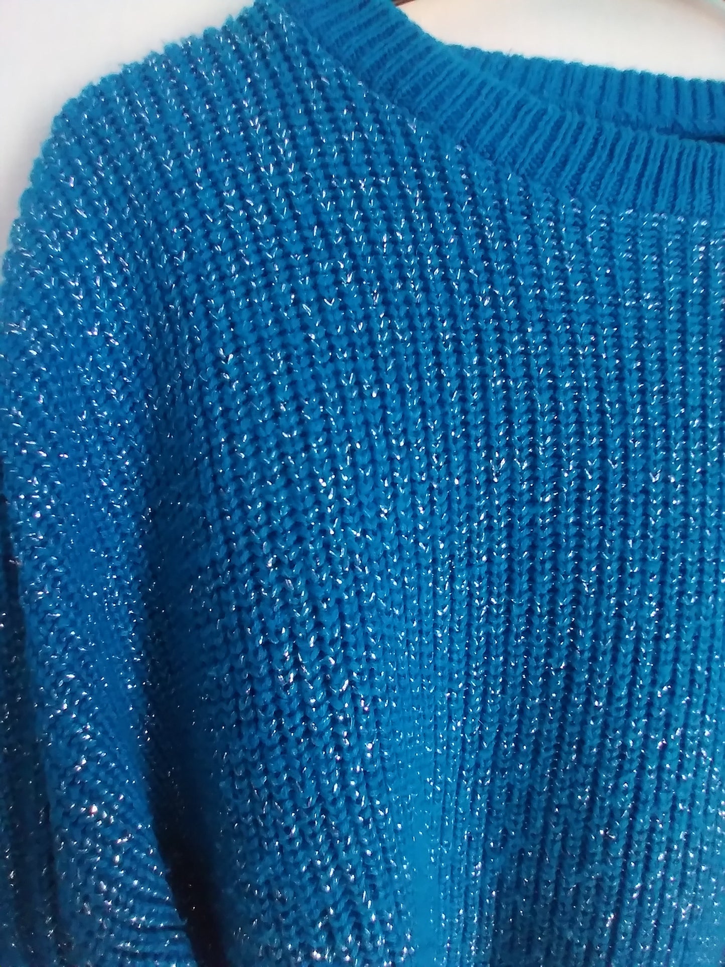 Vintage HANDMADE jumper sweater FLECKED WOOL cyan + silver threads
