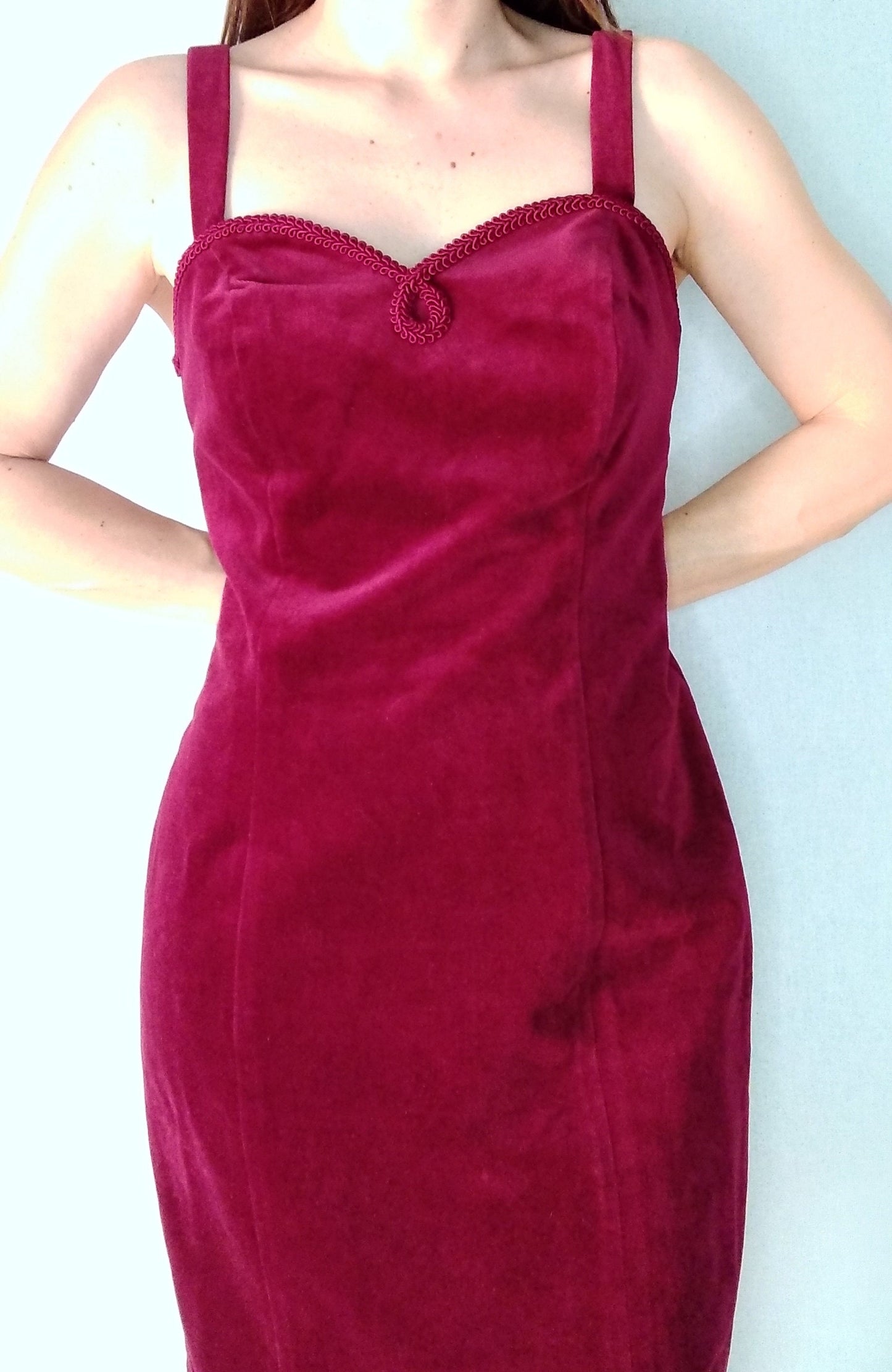 Vintage VELVET party minidress BURGUNDY made in spain sweetheart neck