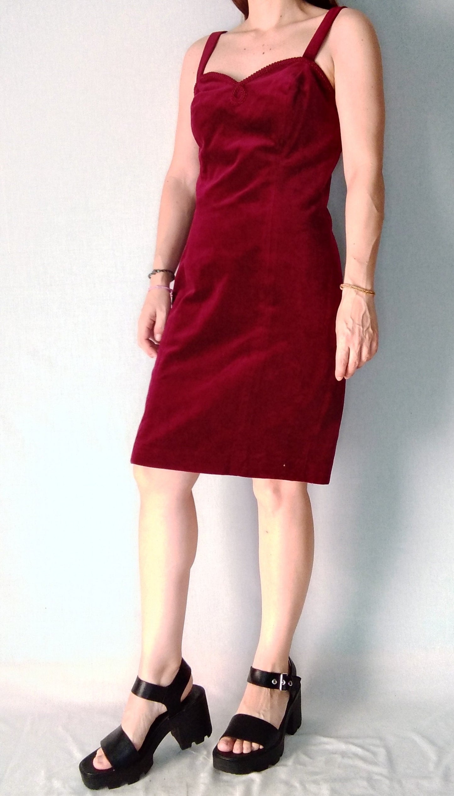 Vintage VELVET party minidress BURGUNDY made in spain sweetheart neck