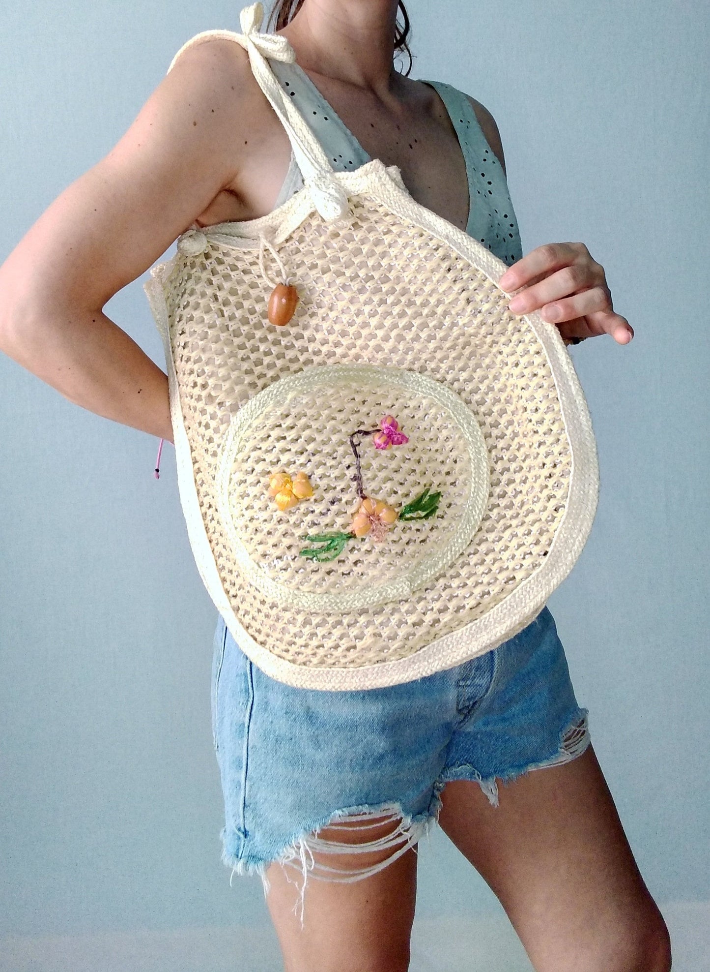 Vintage NET BAG tote FLOWERS handmade