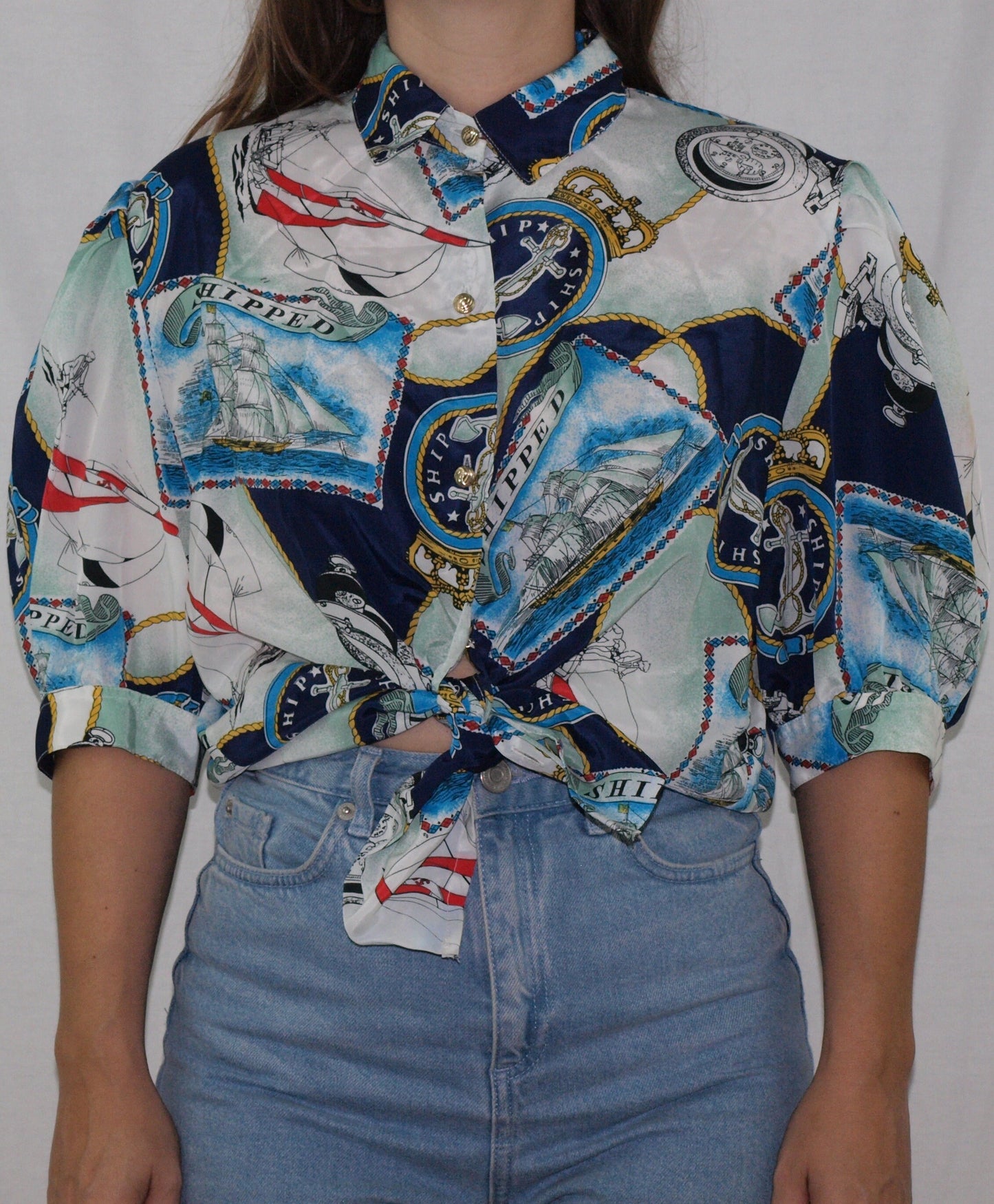 Vintage SCARF BLOUSE made in spain SAILOR navy