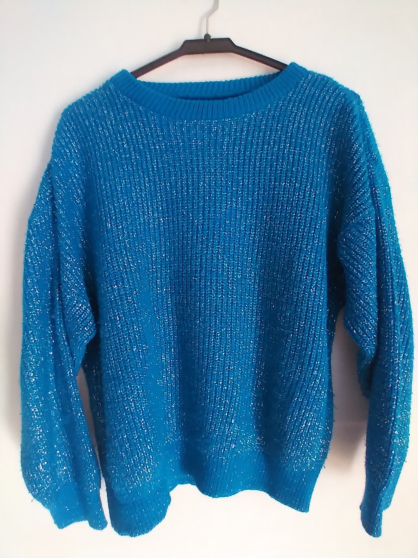 Vintage HANDMADE jumper sweater FLECKED WOOL cyan + silver threads