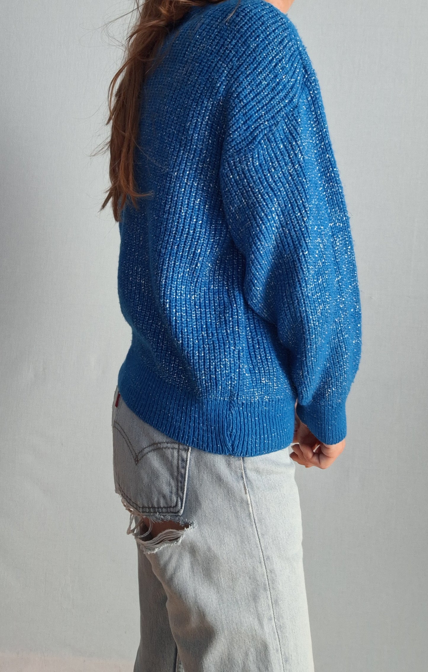 Vintage HANDMADE jumper sweater FLECKED WOOL cyan + silver threads