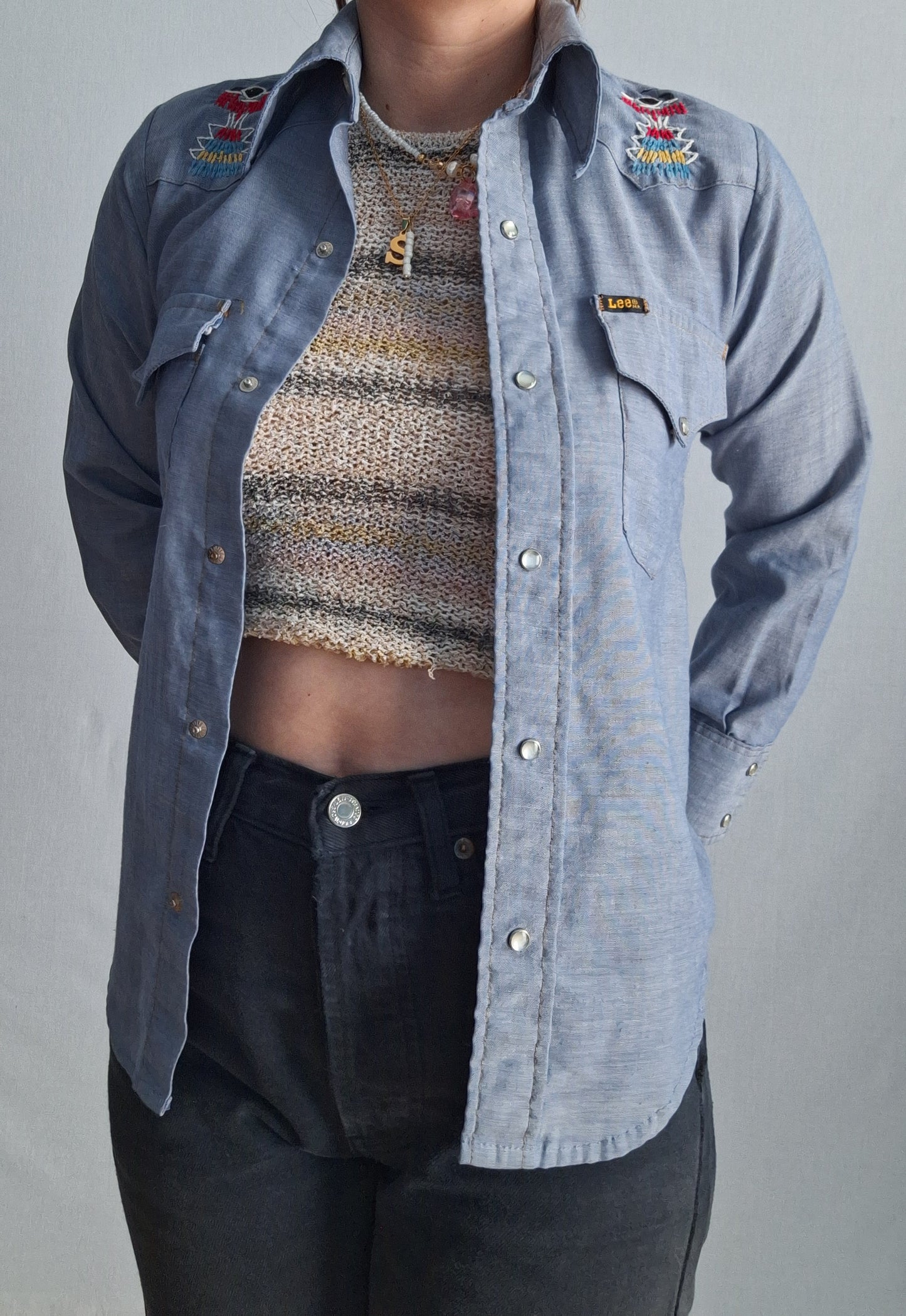 Vintage 50-60's LEE CHAMBRAY SHIRT embroidered MADE IN USA XXS