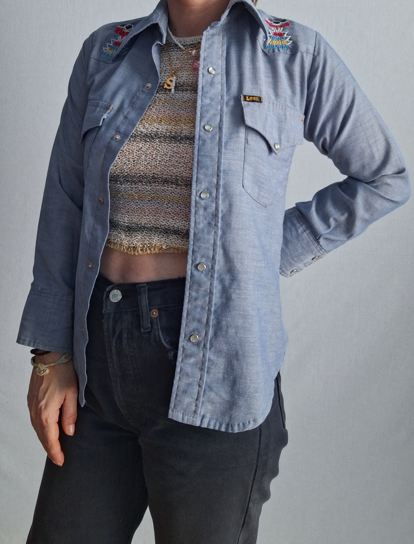 Vintage 50-60's LEE CHAMBRAY SHIRT embroidered MADE IN USA XXS