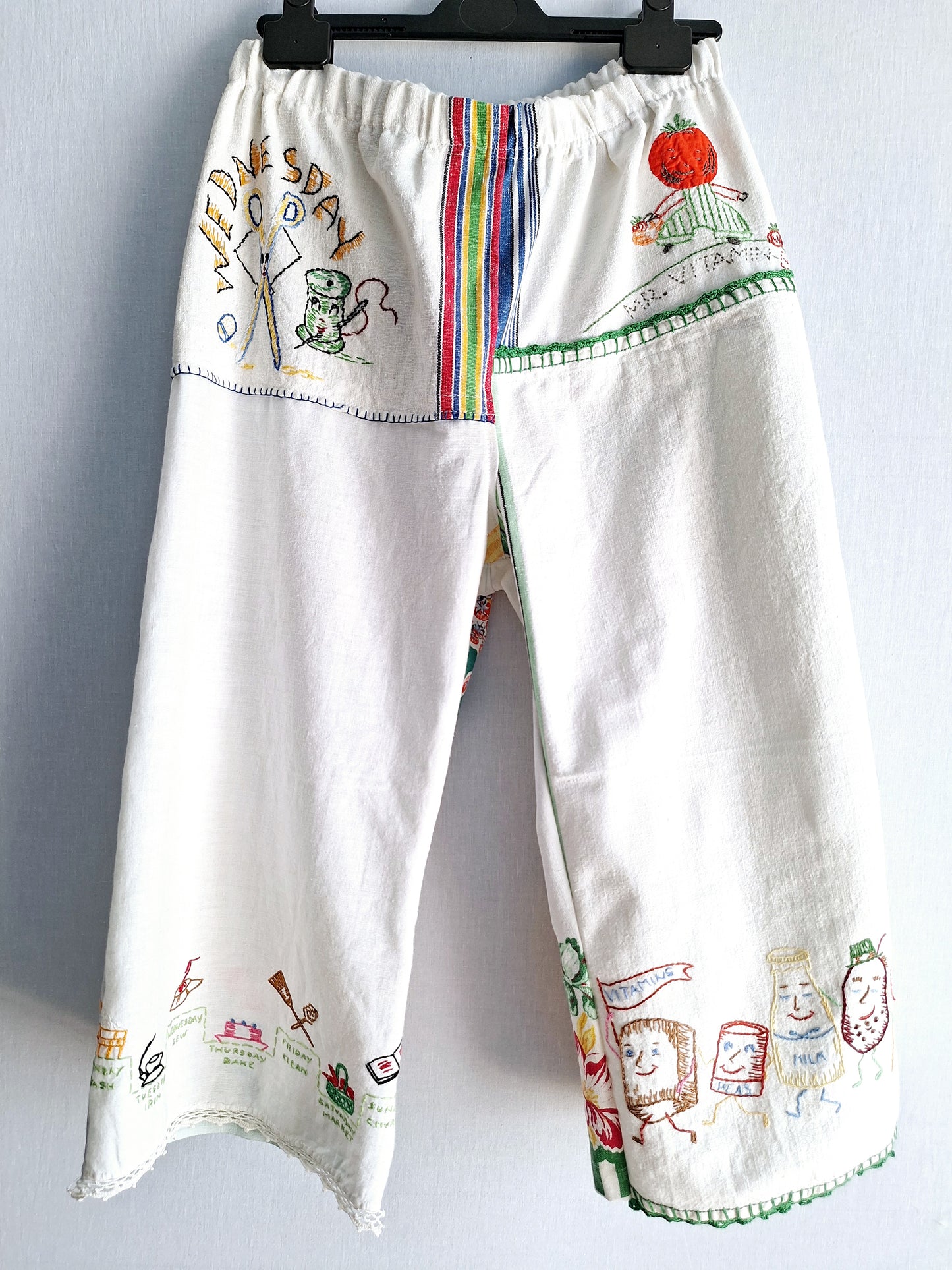 "Mr. VITAMINS" LOUNGE PANTS. Made with 6 vintage tea towels FREE SHIPPING