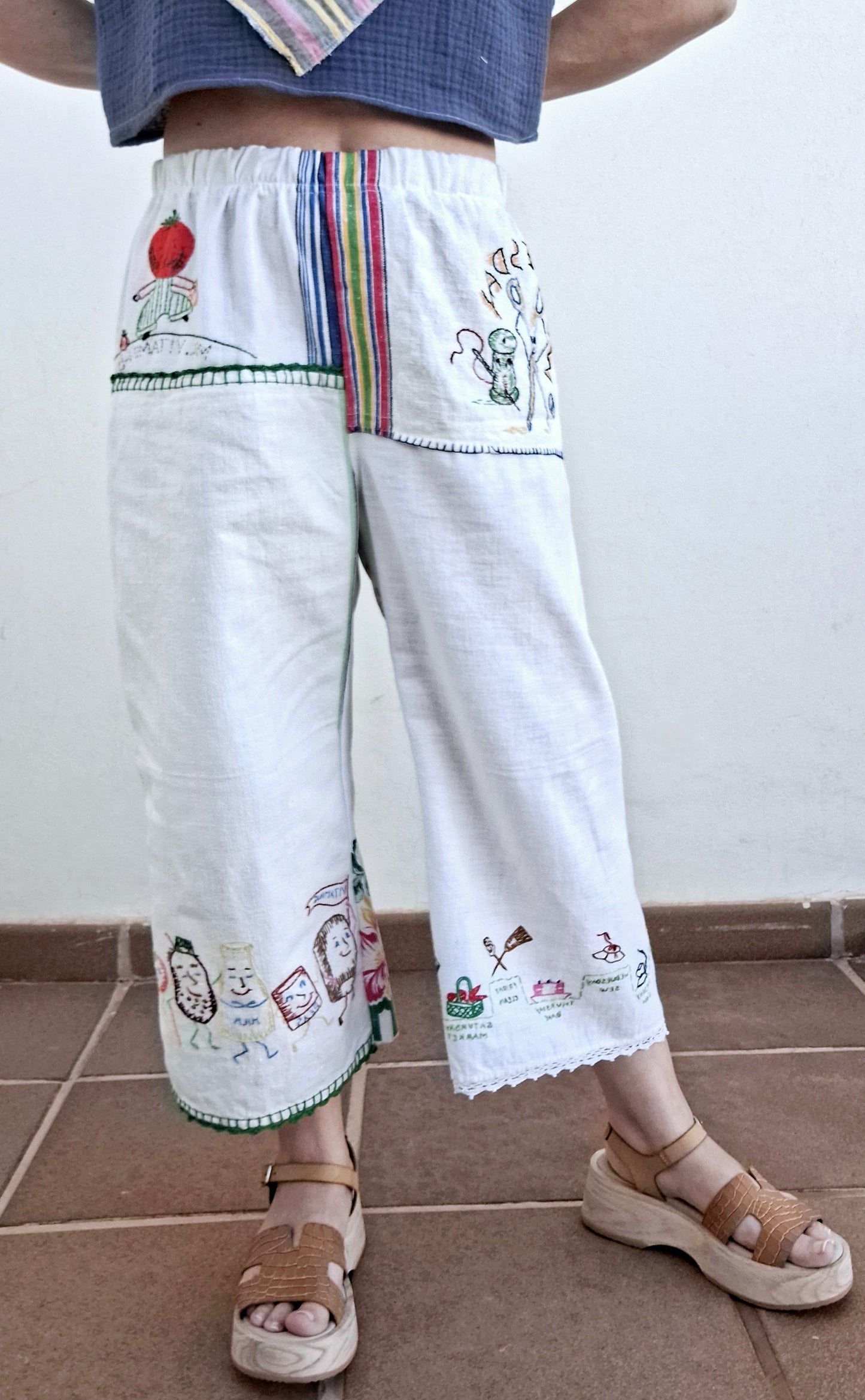 "Mr. VITAMINS" LOUNGE PANTS. Made with 6 vintage tea towels FREE SHIPPING