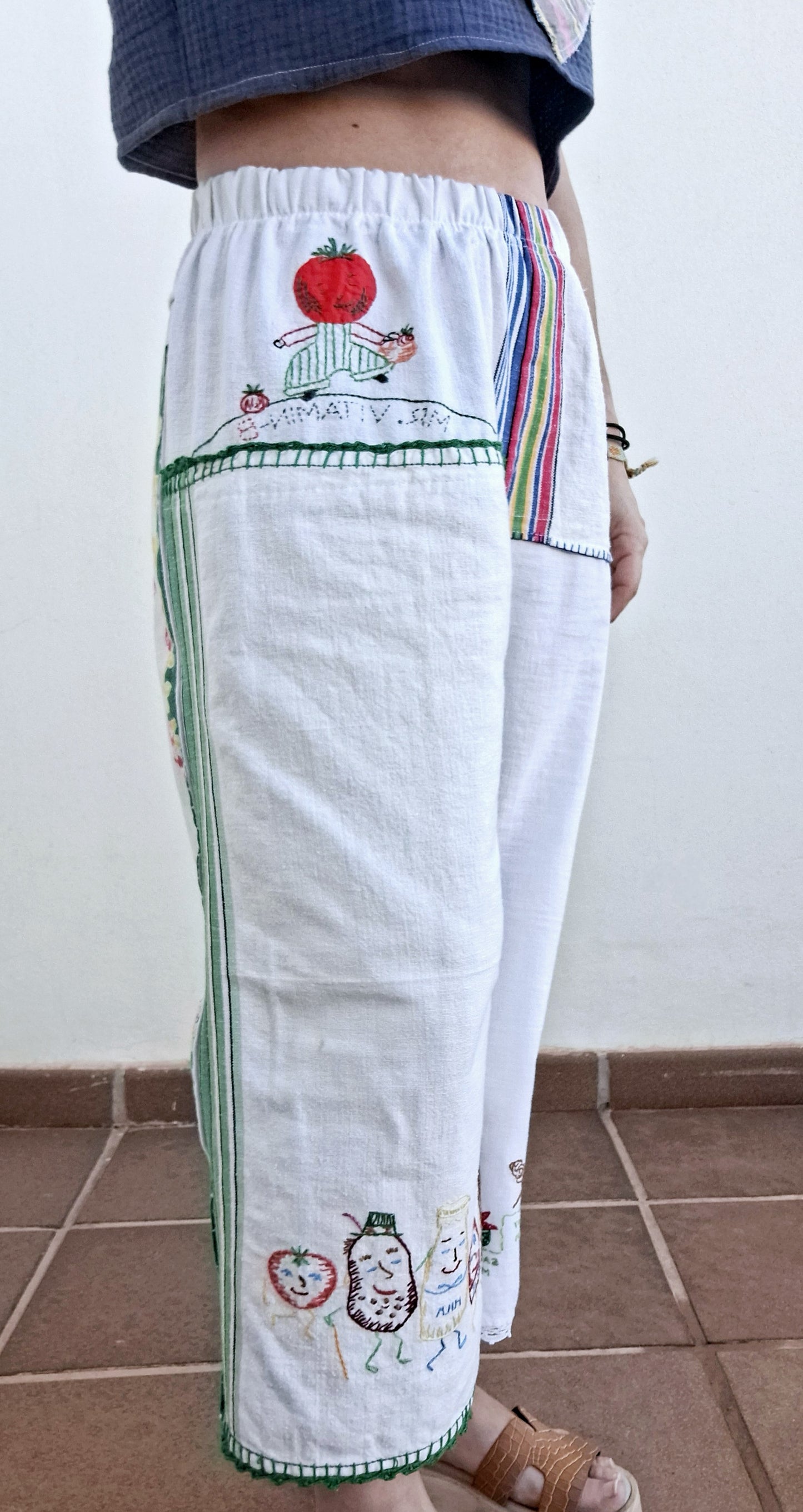 "Mr. VITAMINS" LOUNGE PANTS. Made with 6 vintage tea towels FREE SHIPPING