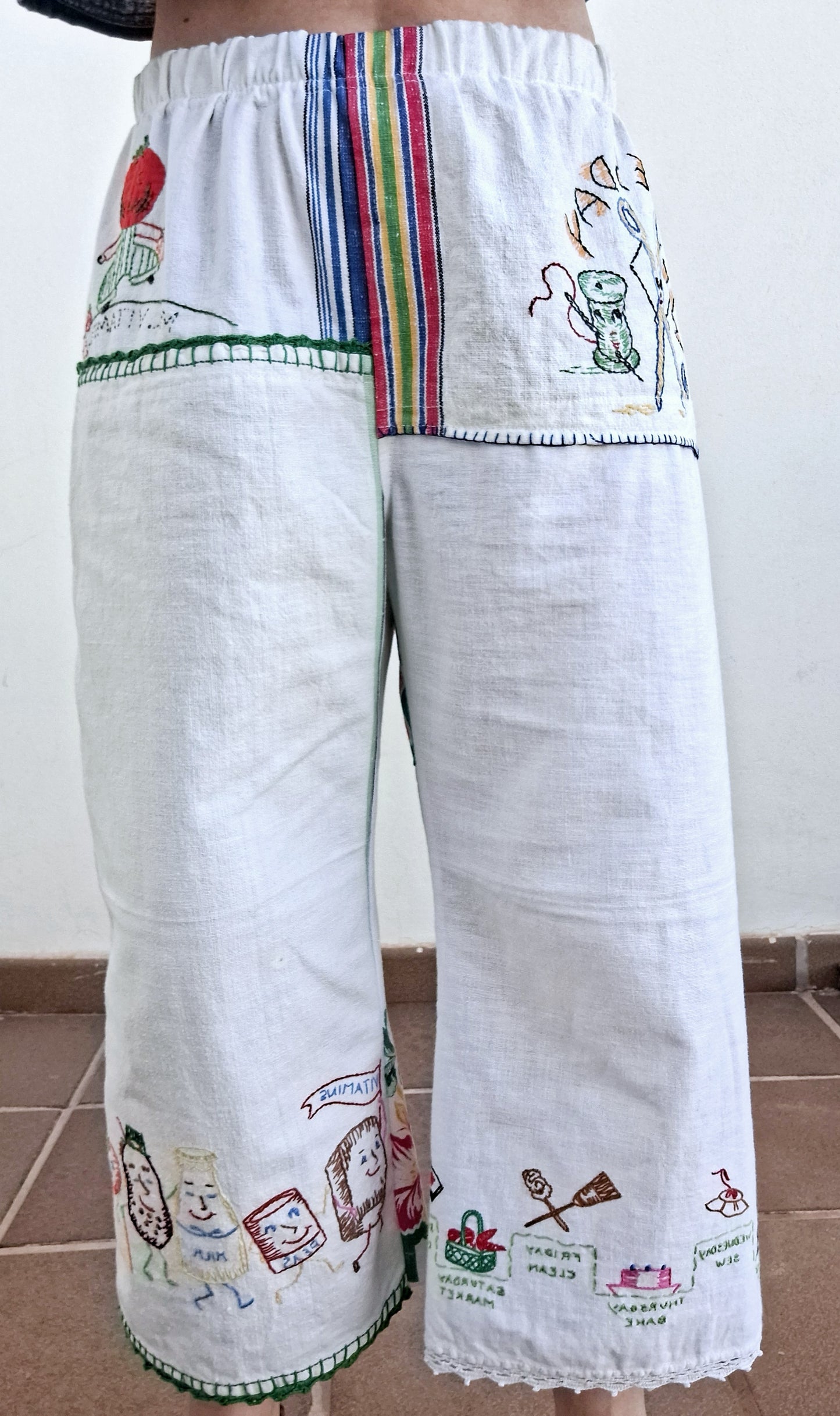 "Mr. VITAMINS" LOUNGE PANTS. Made with 6 vintage tea towels FREE SHIPPING