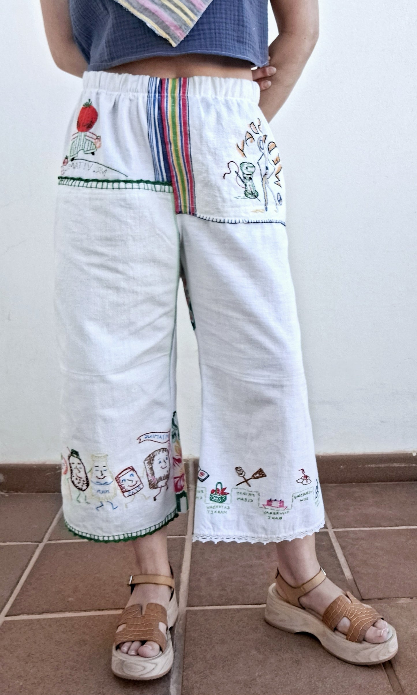 "Mr. VITAMINS" LOUNGE PANTS. Made with 6 vintage tea towels FREE SHIPPING