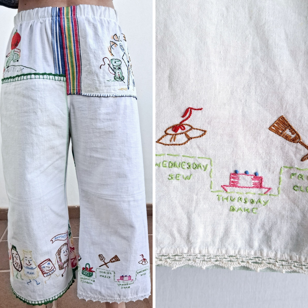 "Mr. VITAMINS" LOUNGE PANTS. Made with 6 vintage tea towels FREE SHIPPING