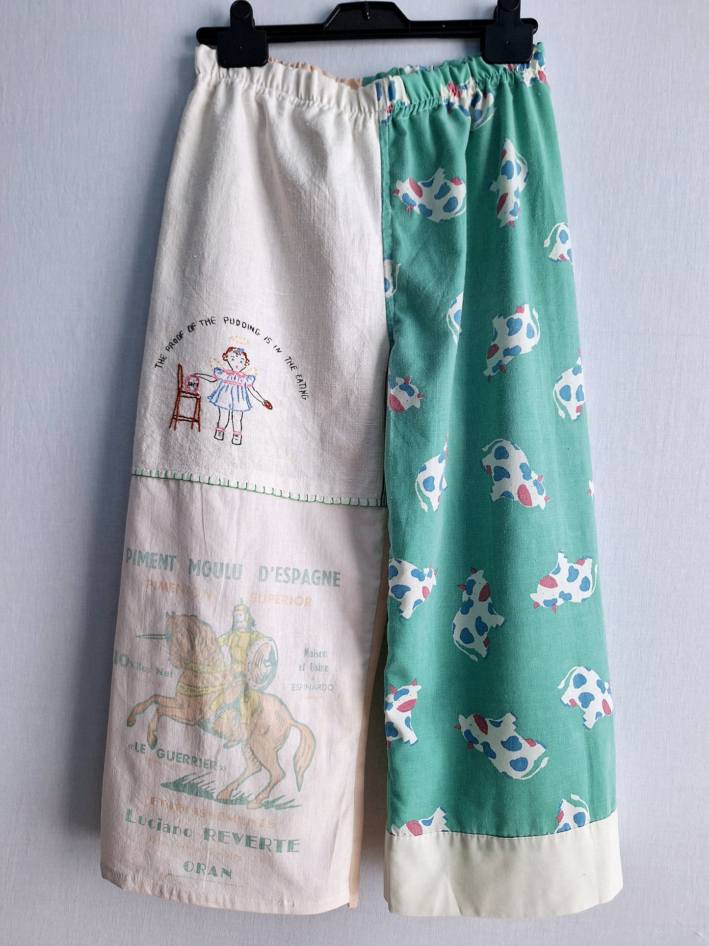 "LE GUERRIER" LOUNGE PANTS. Made with vintage feedsack, tea towel and pillowcase. FREE SHIPPING