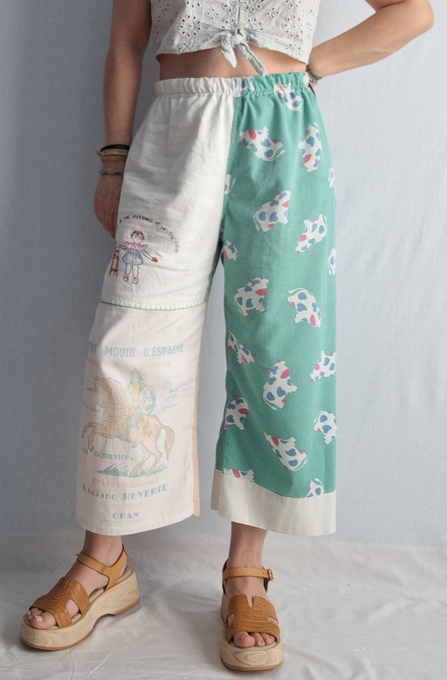 "LE GUERRIER" LOUNGE PANTS. Made with vintage feedsack, tea towel and pillowcase. FREE SHIPPING