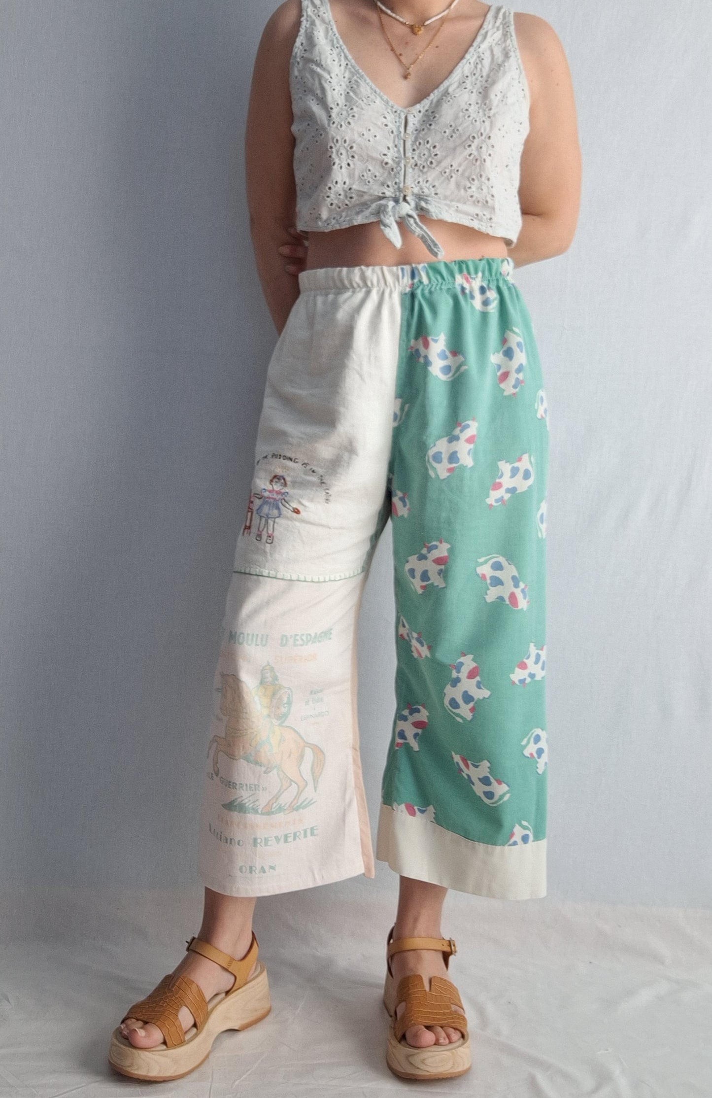 "LE GUERRIER" LOUNGE PANTS. Made with vintage feedsack, tea towel and pillowcase. FREE SHIPPING