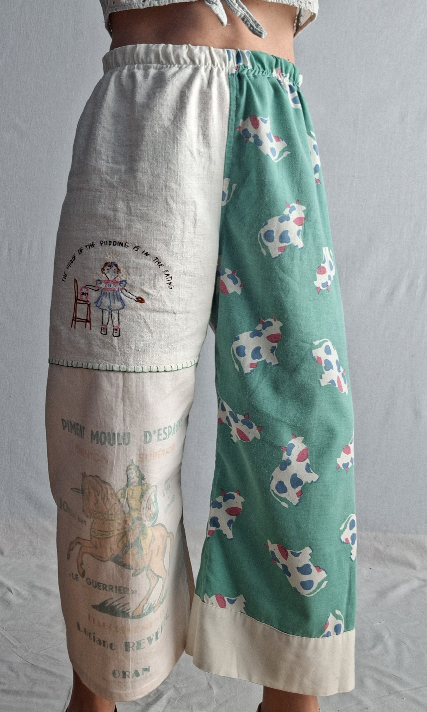 "LE GUERRIER" LOUNGE PANTS. Made with vintage feedsack, tea towel and pillowcase. FREE SHIPPING