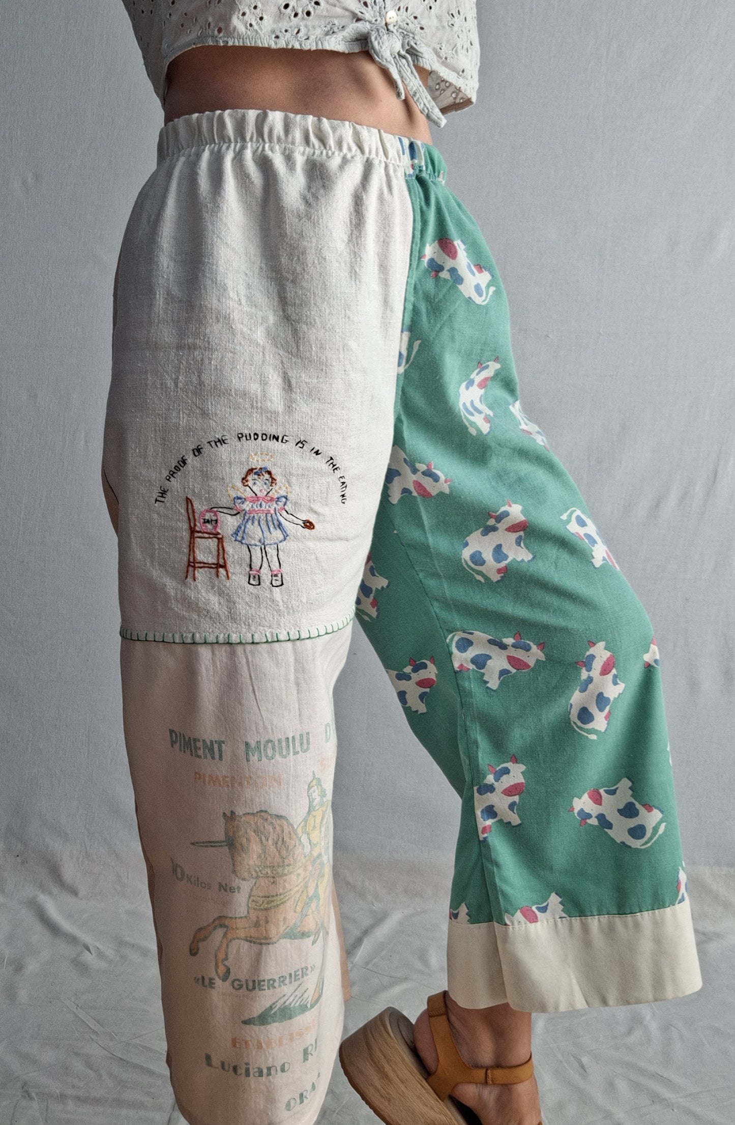 "LE GUERRIER" LOUNGE PANTS. Made with vintage feedsack, tea towel and pillowcase. FREE SHIPPING