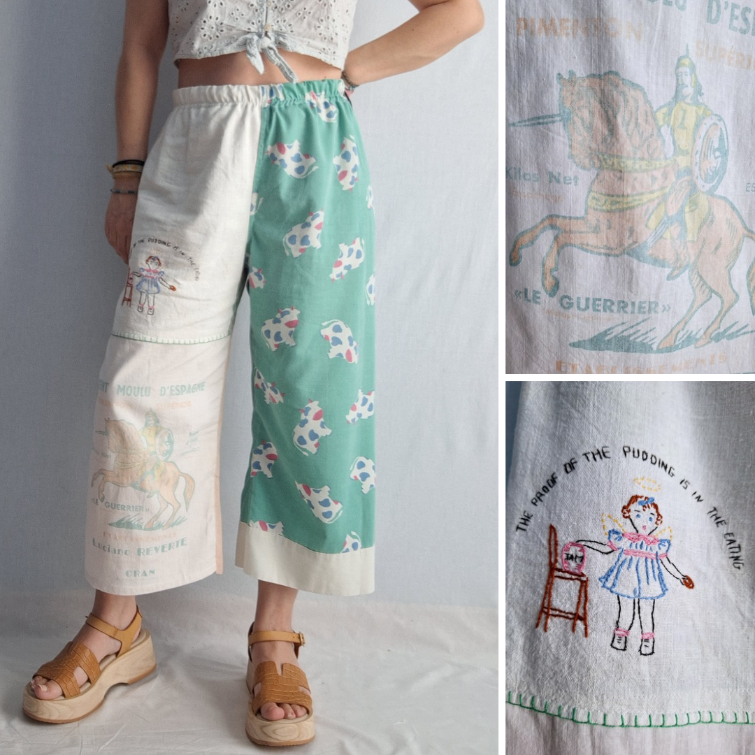 "LE GUERRIER" LOUNGE PANTS. Made with vintage feedsack, tea towel and pillowcase. FREE SHIPPING