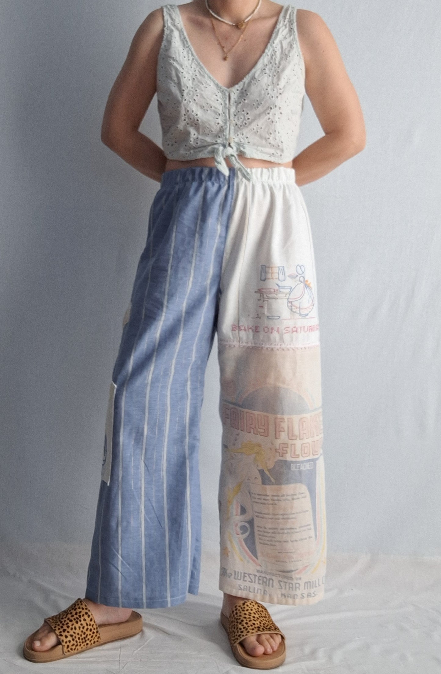 "FAIRY FLAKE"🧚‍♀️ LOUNGE PANTS. Made with vtg feedsack, tea towels and tablecloth. FREE SHIPPING!