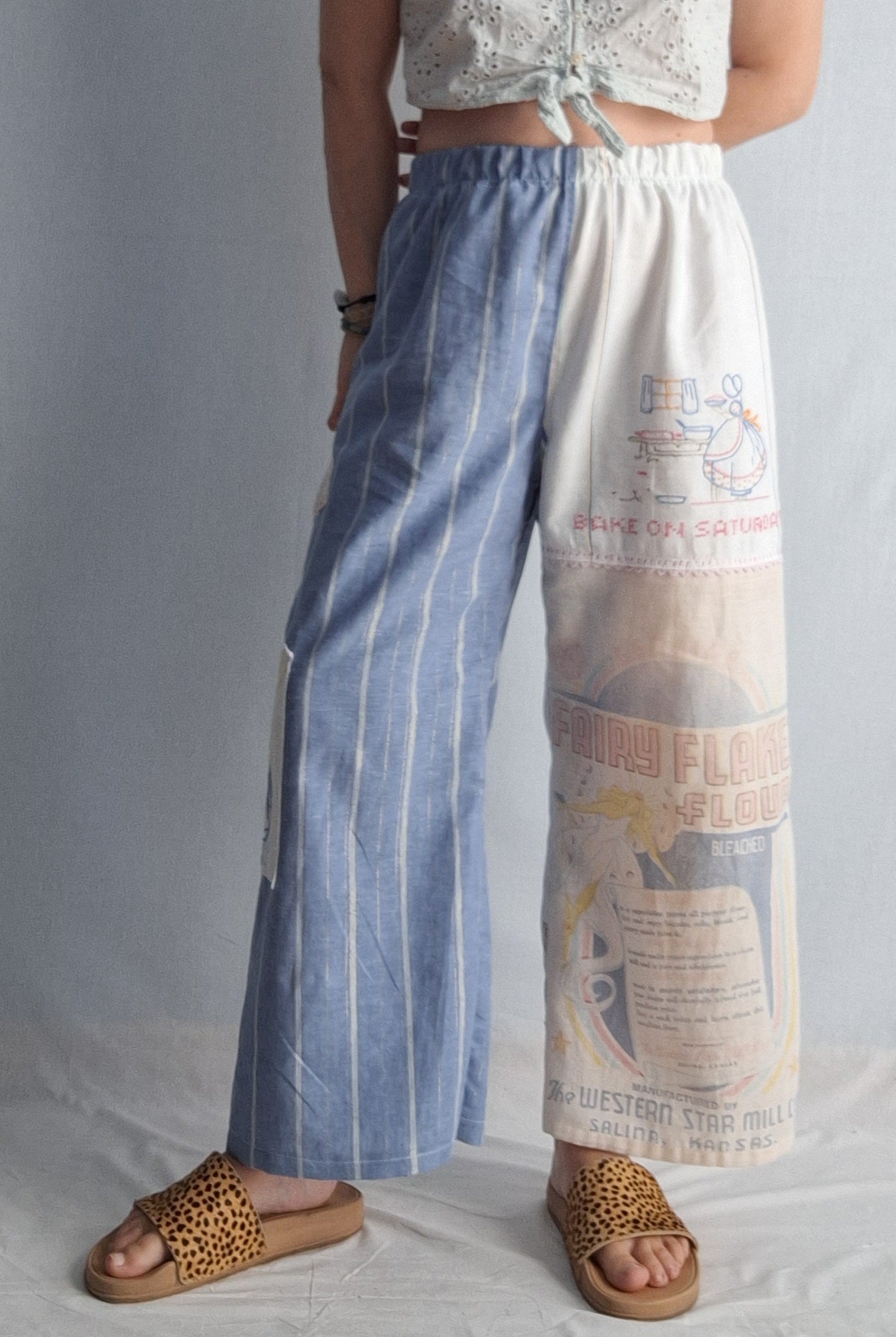 "FAIRY FLAKE"🧚‍♀️ LOUNGE PANTS. Made with vtg feedsack, tea towels and tablecloth. FREE SHIPPING!