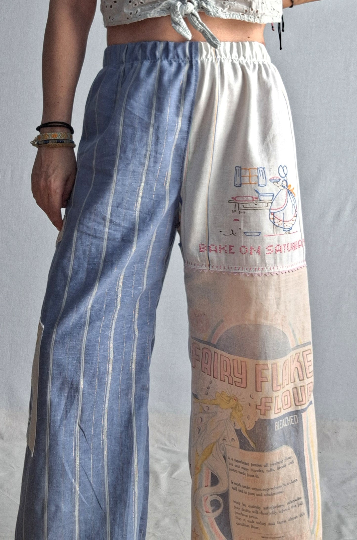 "FAIRY FLAKE"🧚‍♀️ LOUNGE PANTS. Made with vtg feedsack, tea towels and tablecloth. FREE SHIPPING!