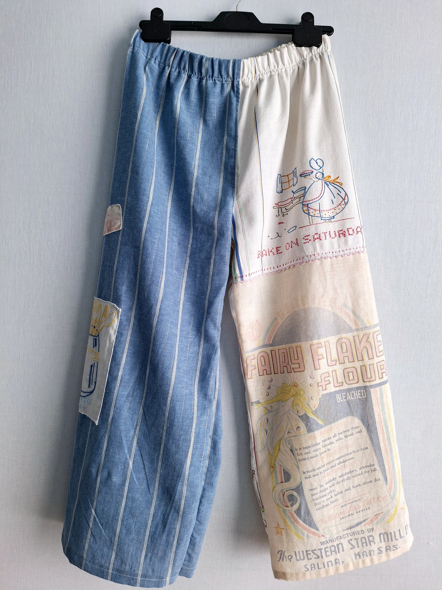 "FAIRY FLAKE"🧚‍♀️ LOUNGE PANTS. Made with vtg feedsack, tea towels and tablecloth. FREE SHIPPING!