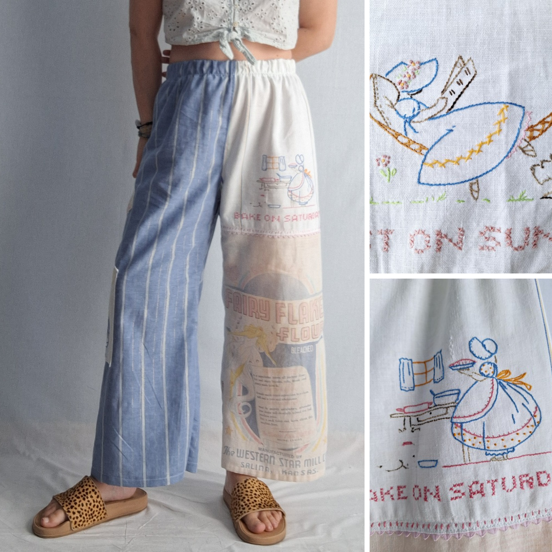 "FAIRY FLAKE"🧚‍♀️ LOUNGE PANTS. Made with vtg feedsack, tea towels and tablecloth. FREE SHIPPING!