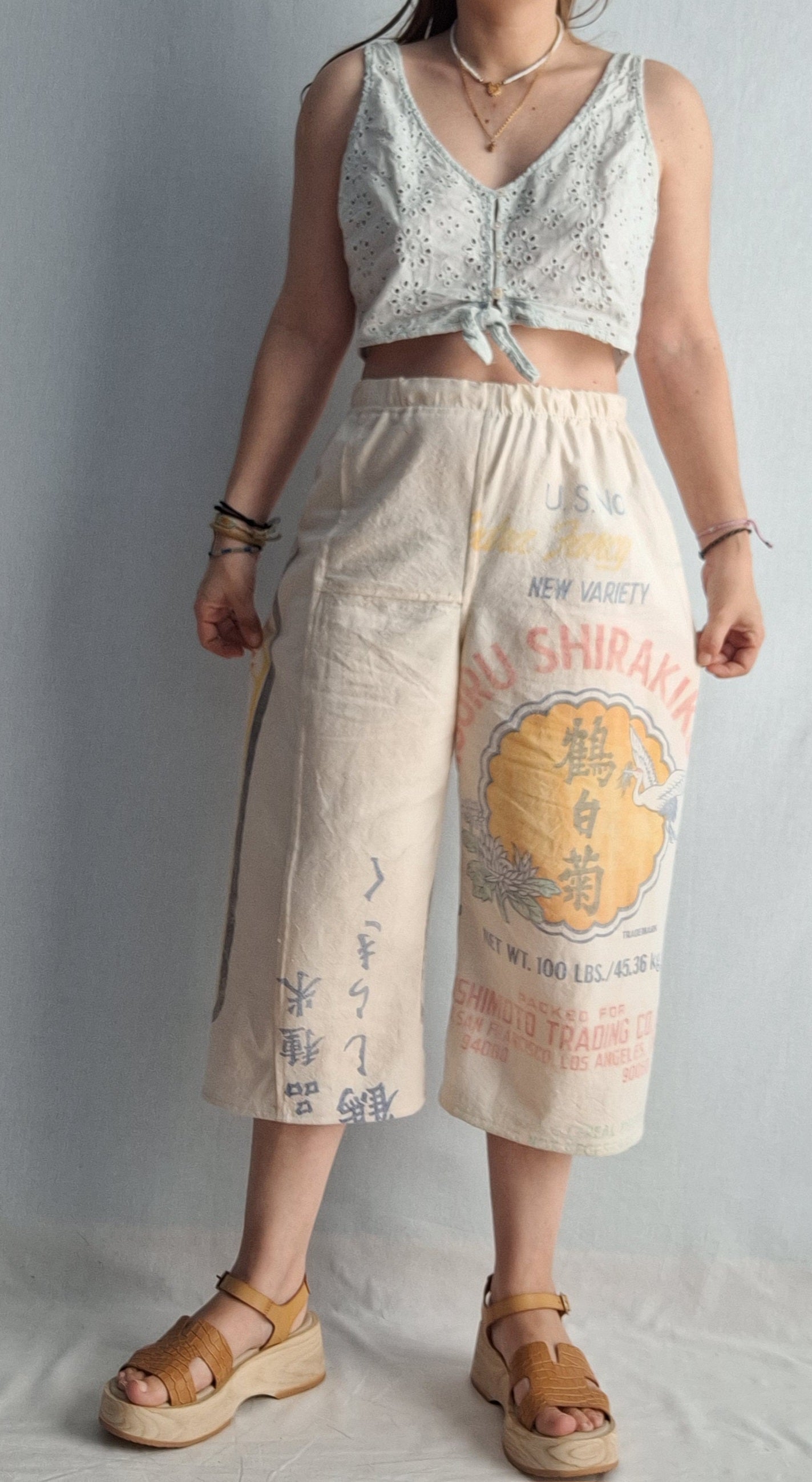 "KOTOBUKI" CROPPED LOUNGE PANTS. Made with 2 vintage rice sacks FREE SHIPPING