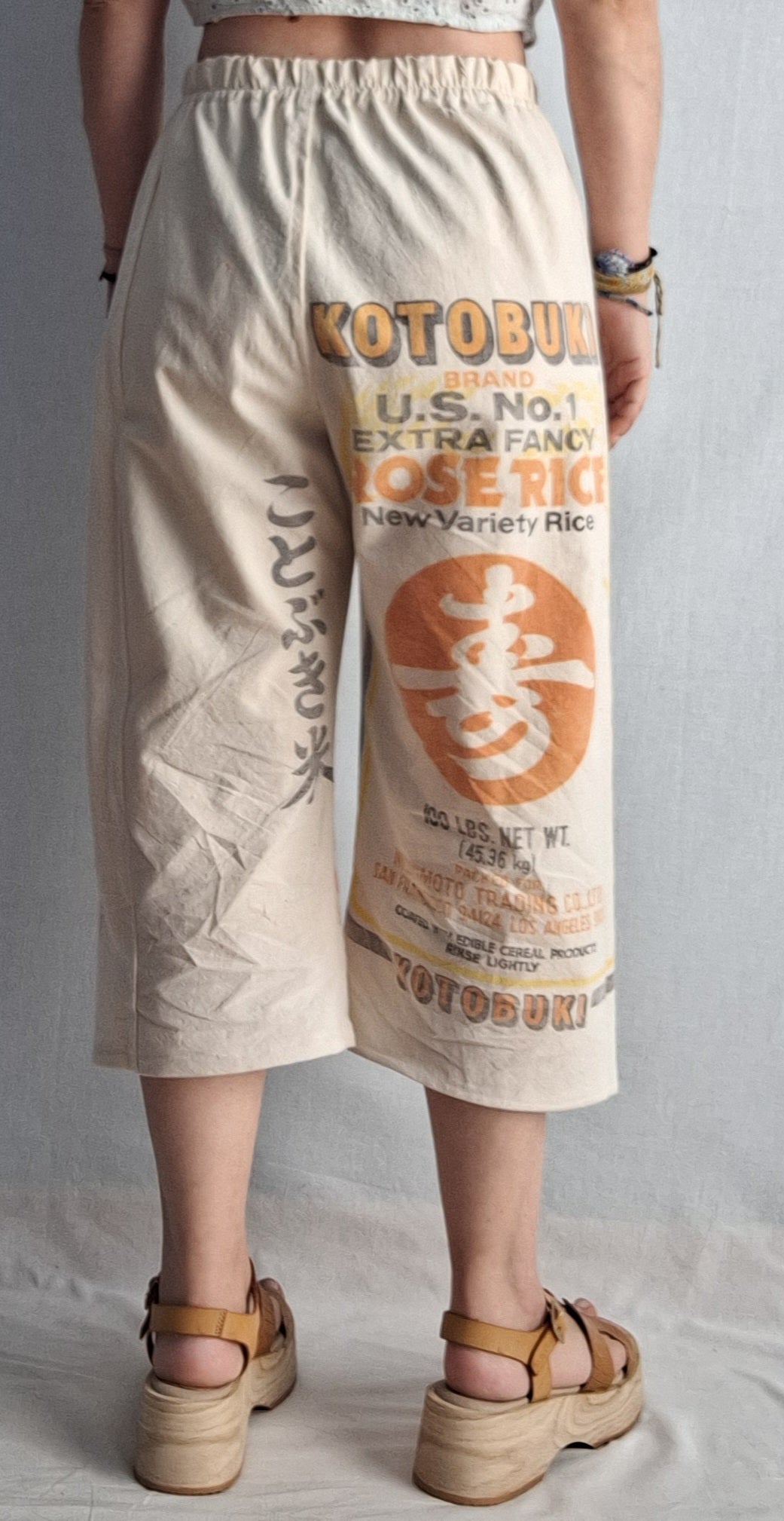 "KOTOBUKI" CROPPED LOUNGE PANTS. Made with 2 vintage rice sacks FREE SHIPPING