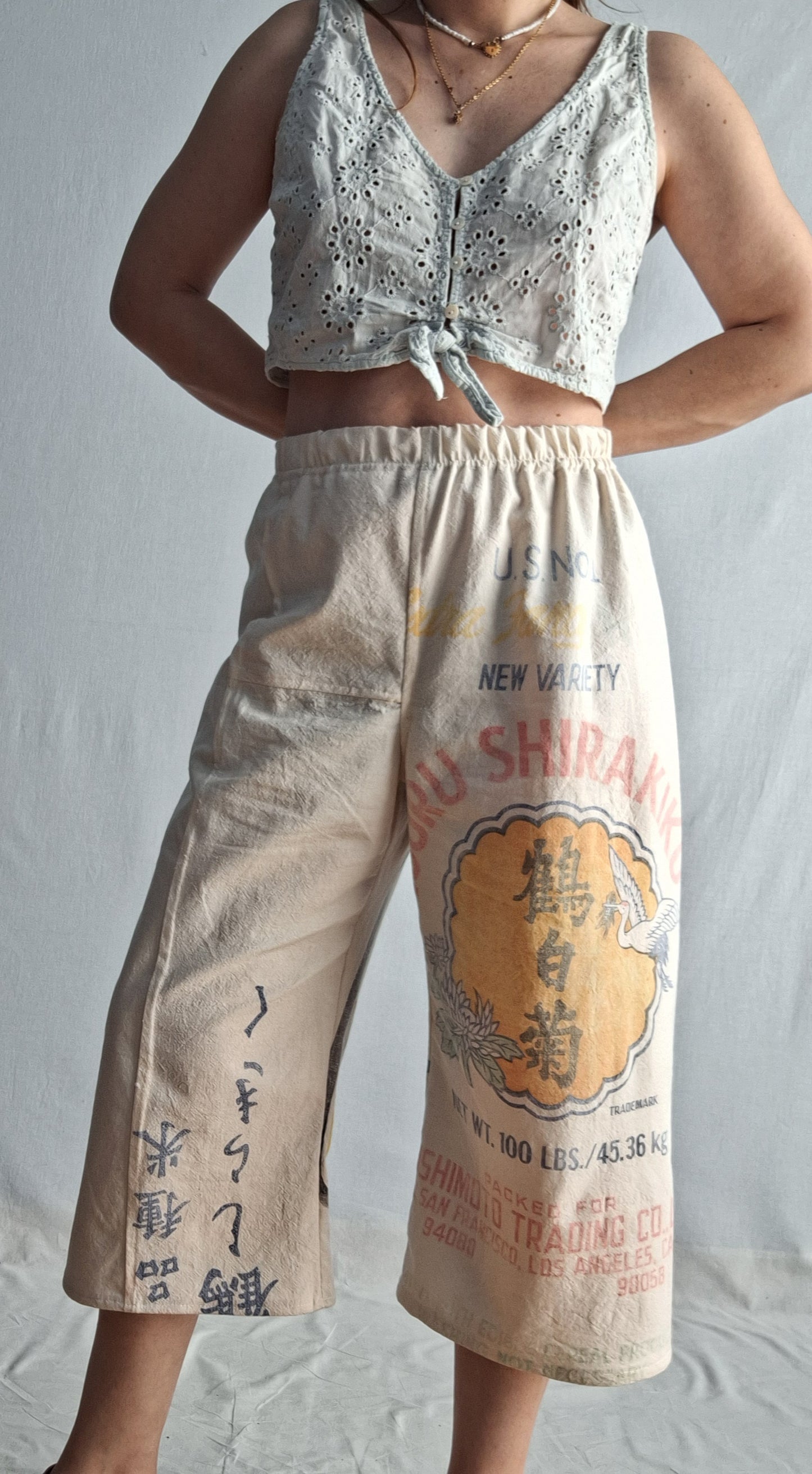 "KOTOBUKI" CROPPED LOUNGE PANTS. Made with 2 vintage rice sacks FREE SHIPPING