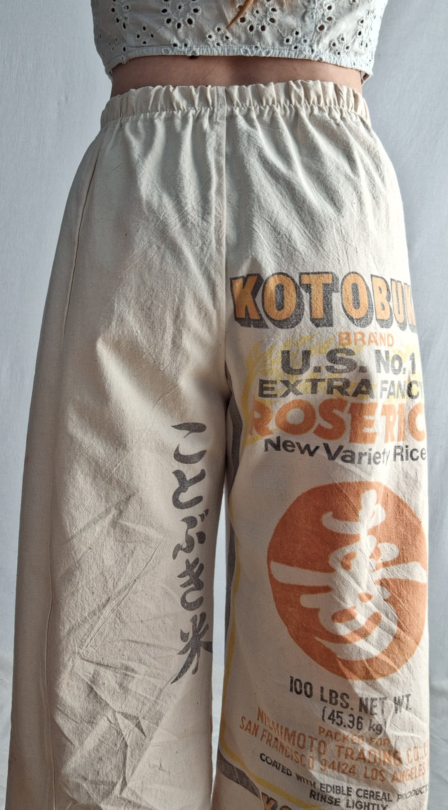 "KOTOBUKI" CROPPED LOUNGE PANTS. Made with 2 vintage rice sacks FREE SHIPPING