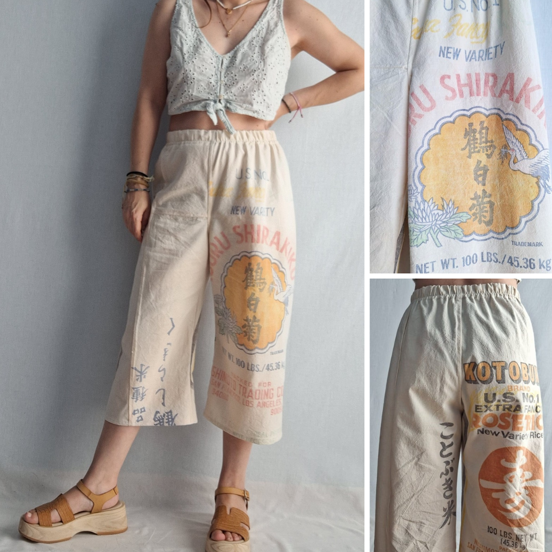 "KOTOBUKI" CROPPED LOUNGE PANTS. Made with 2 vintage rice sacks FREE SHIPPING