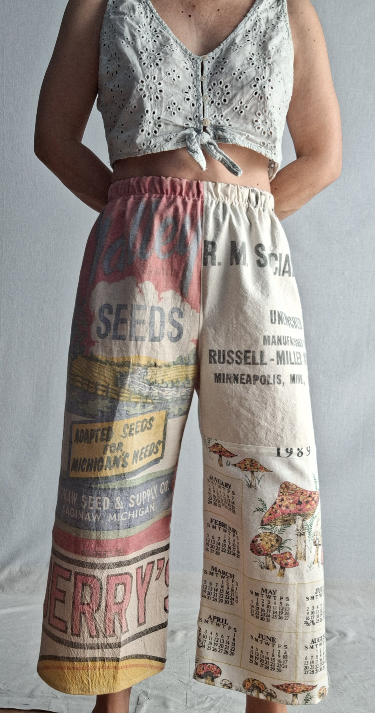 "SPECIAL COOKIE" 🍪 lounge pants. Made with 3 vintage feedsacks and 1 tea towel. FREE SHIPPING