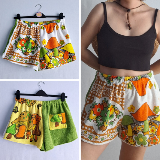 "SETAS & FLORES" SHORTS 🍄🌼 made with 3 vintage towels. FREE SHIPPING