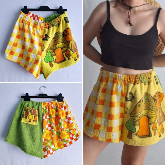 "SETAS & CUADROS" SHORTS 🍄 made with 3 vintage towels. FREE SHIPPING