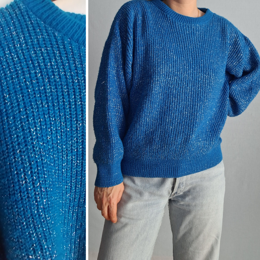 Vintage HANDMADE jumper sweater FLECKED WOOL cyan + silver threads