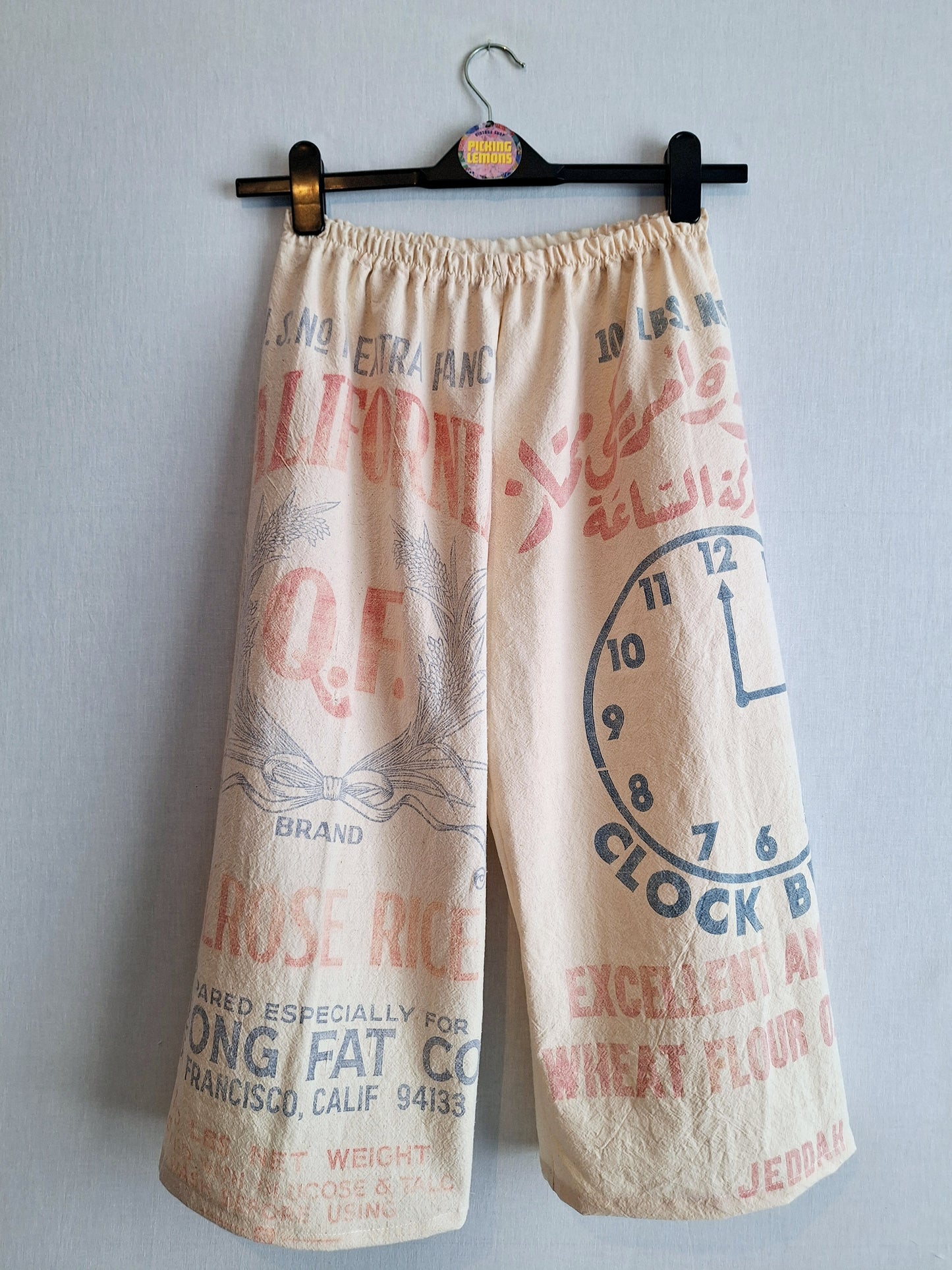 "CLOCK" 🕰  LOUNGE PANTS. Made with 2 vtg feed sacks. FREE SHIPPING!