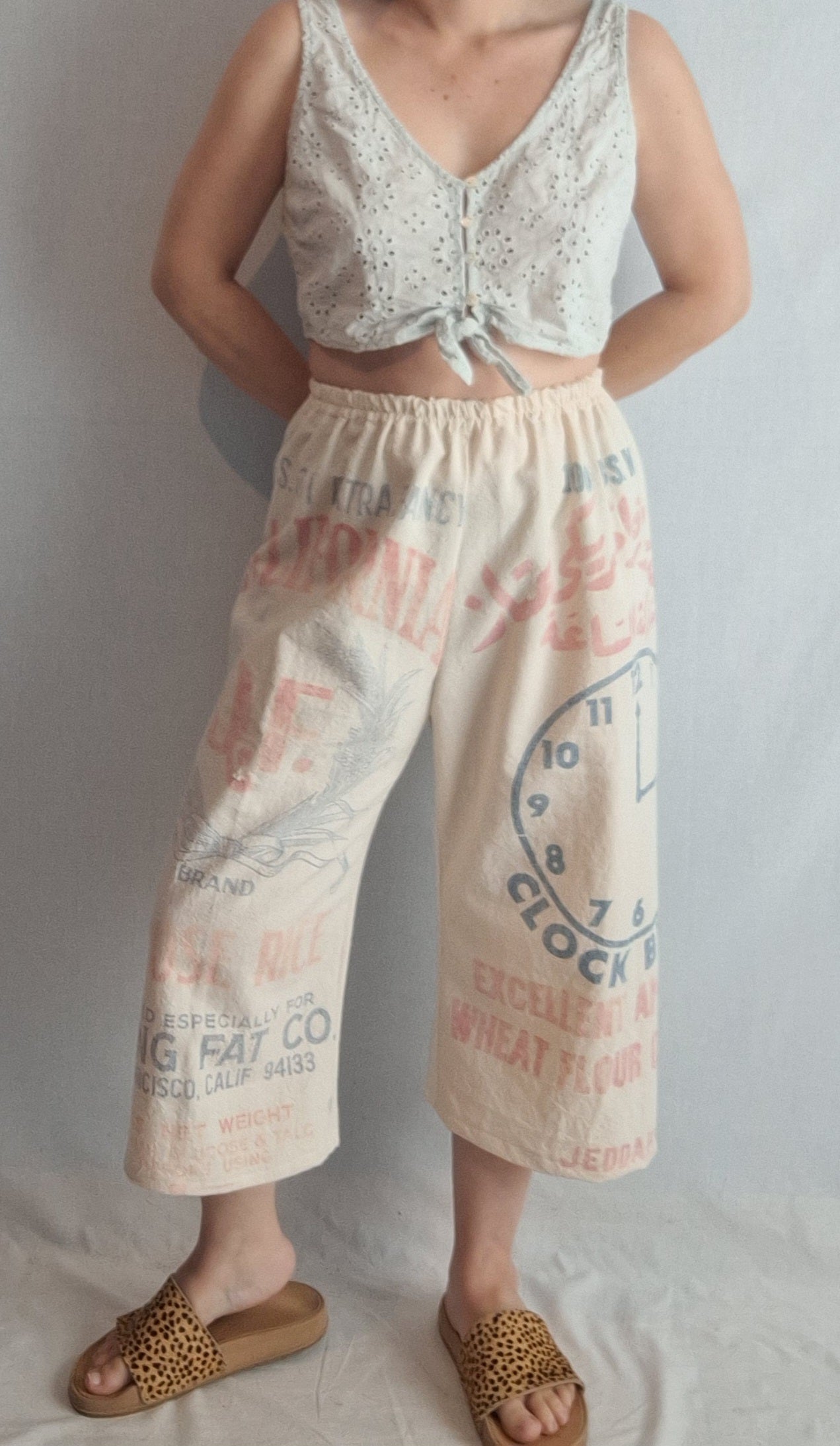 "CLOCK" 🕰  LOUNGE PANTS. Made with 2 vtg feed sacks. FREE SHIPPING!