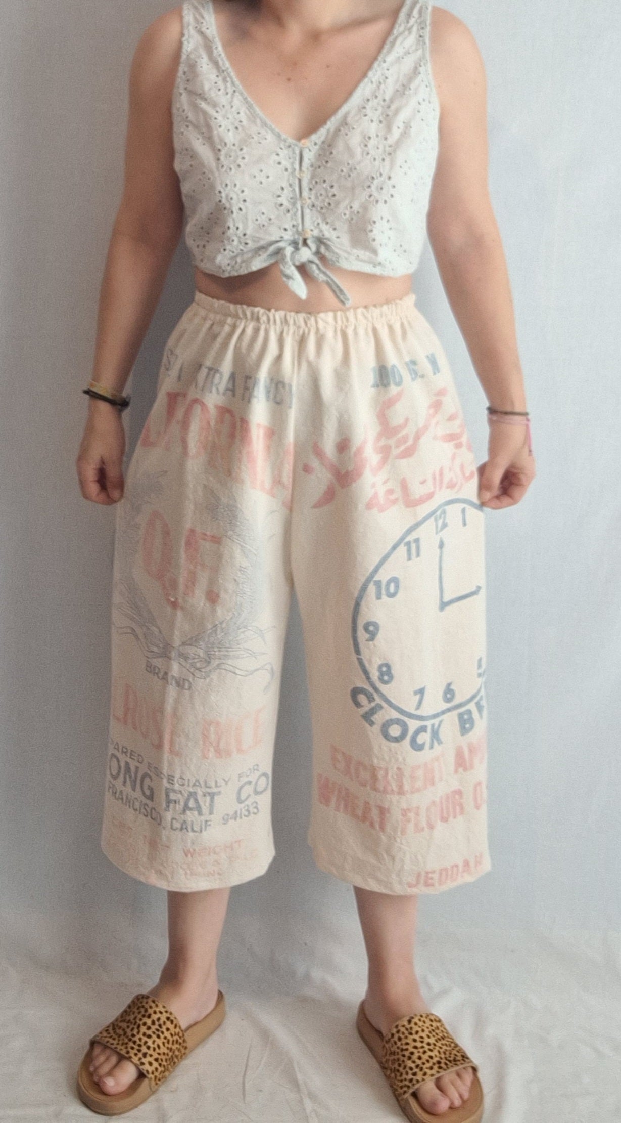 "CLOCK" 🕰  LOUNGE PANTS. Made with 2 vtg feed sacks. FREE SHIPPING!