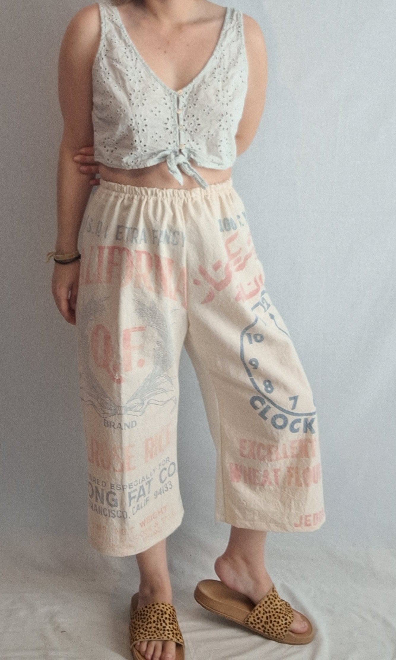 "CLOCK" 🕰  LOUNGE PANTS. Made with 2 vtg feed sacks. FREE SHIPPING!