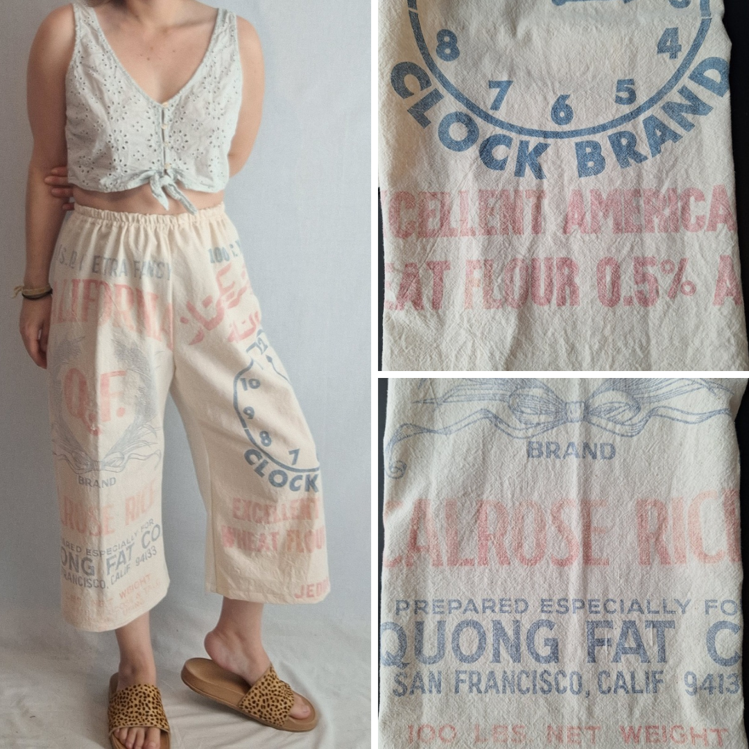 "CLOCK" 🕰  LOUNGE PANTS. Made with 2 vtg feed sacks. FREE SHIPPING!