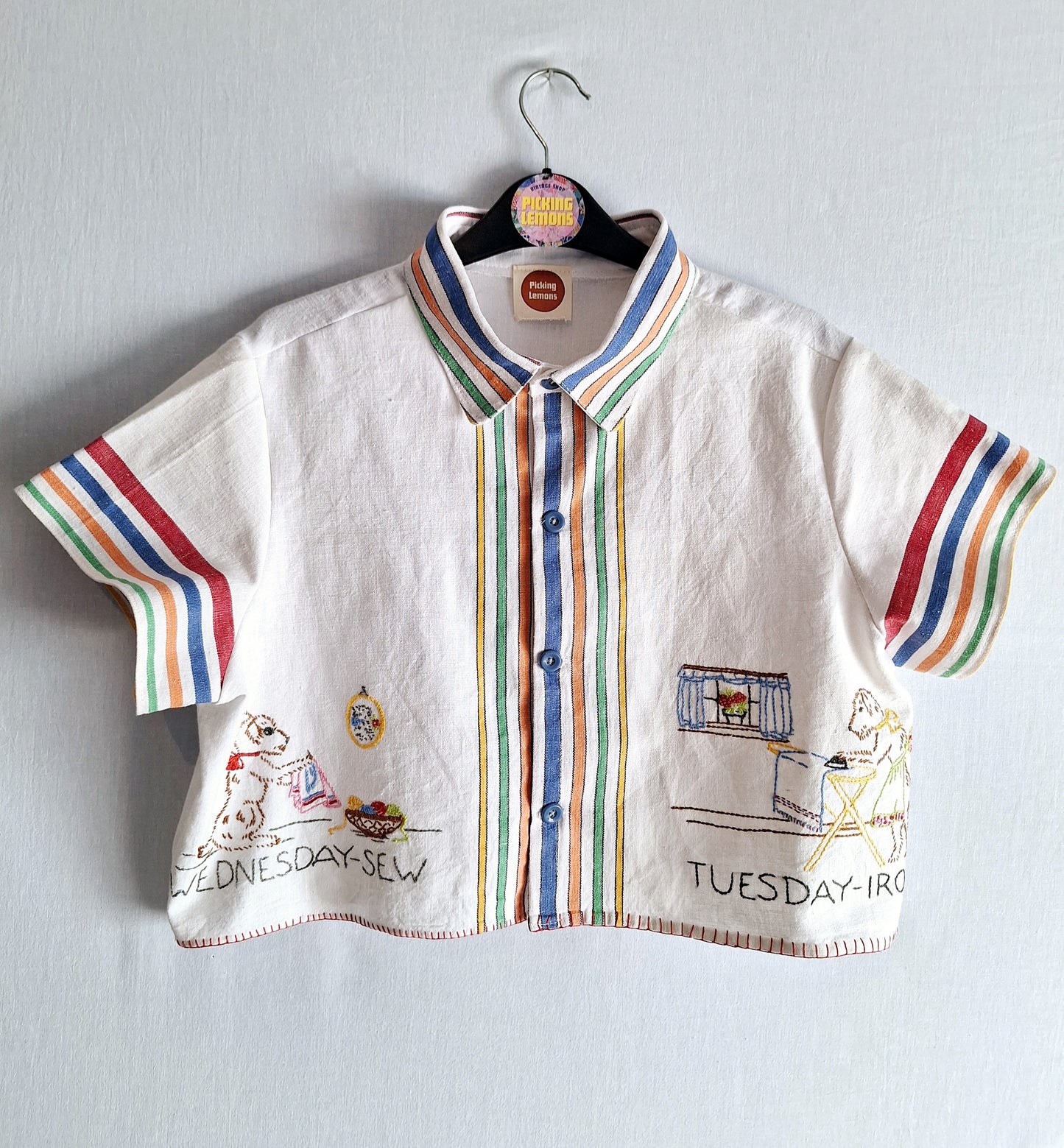 "BUSSY DOGGYS" 🌈 BUTTON UP SHIRT made with 3 vintage tea towels. FREE SHIPPING