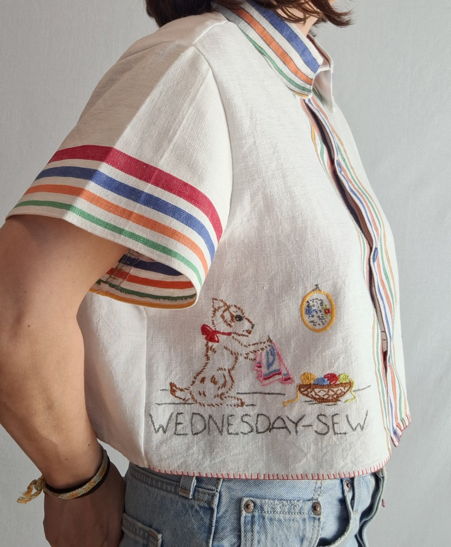 "BUSSY DOGGYS" 🌈 BUTTON UP SHIRT made with 3 vintage tea towels. FREE SHIPPING