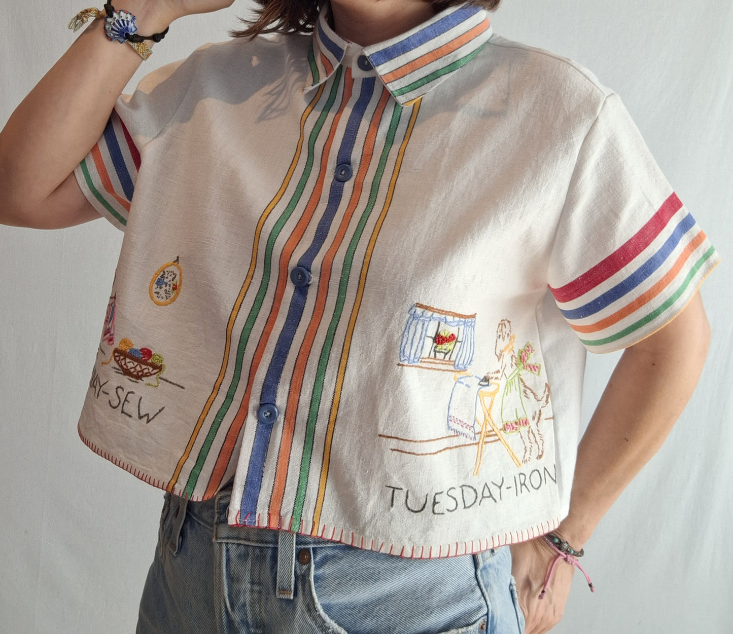 "BUSSY DOGGYS" 🌈 BUTTON UP SHIRT made with 3 vintage tea towels. FREE SHIPPING