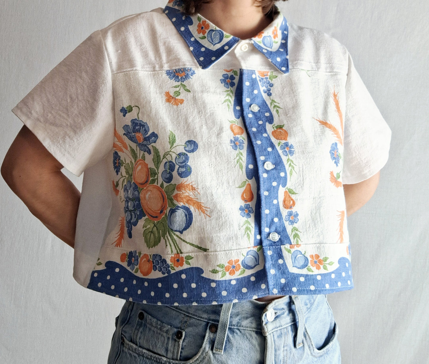 "PEACHES by STARTEX" 🍑 BUTTON UP SHIRT made with vintage tea towel. FREE SHIPPING