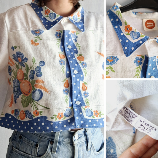 "PEACHES by STARTEX" 🍑 BUTTON UP SHIRT made with vintage tea towel. FREE SHIPPING