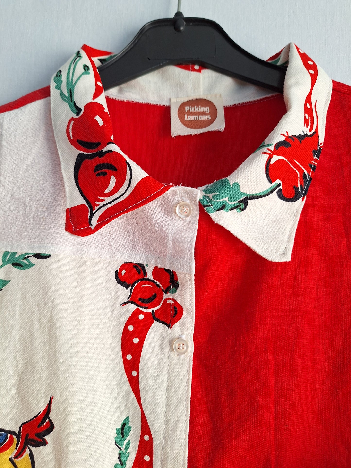 "RADISHES" BUTTON UP SHIRT made with vintage tea towel. FREE SHIPPING