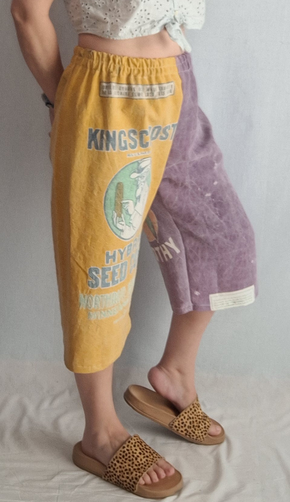 "NORTHLAND + KINGSCROST" 🌽 CROPPED PANTS/BERMUDAS. Made with 2 vtg feed sacks. FREE SHIPPING