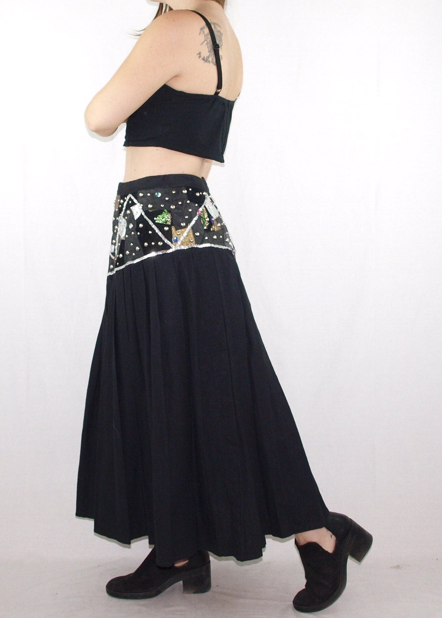 Vintage HANDMADE pleated maxi skirt OOAK patchwork JEWEL studs