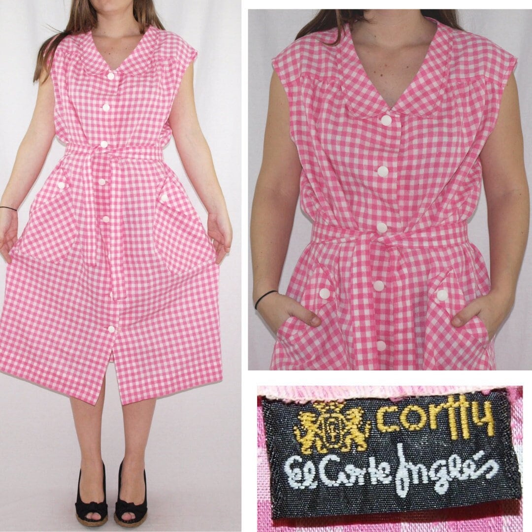 Vintage 70's shirtdress MADE in SPAIN pink Vichy gingham El Corte Ingles