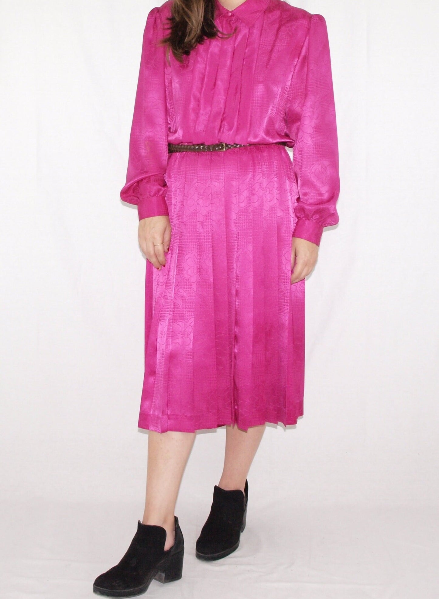 Vintage 60's SECRETARY DRESS made in Spain MAGENTA embossed brocades